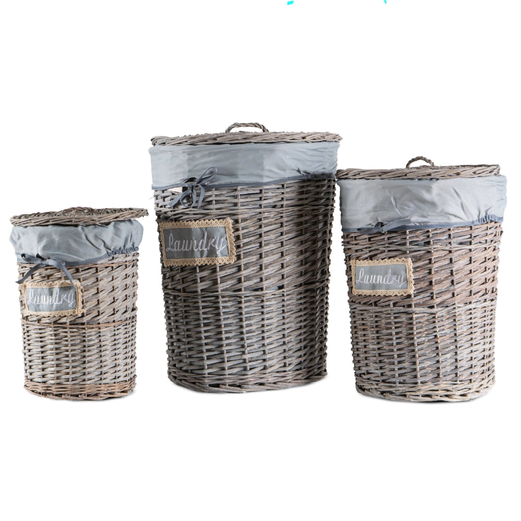 Set 3/5 Pezzi Ceste Portabiancheria in Vimini con Coperchio e Fodera Interna in Tessuto, Contenitori Multiuso per Bucato, Bagno, Lavanderia e Camera da Letto, Design Shabby Chic   3 Ceste QuincyTipo6