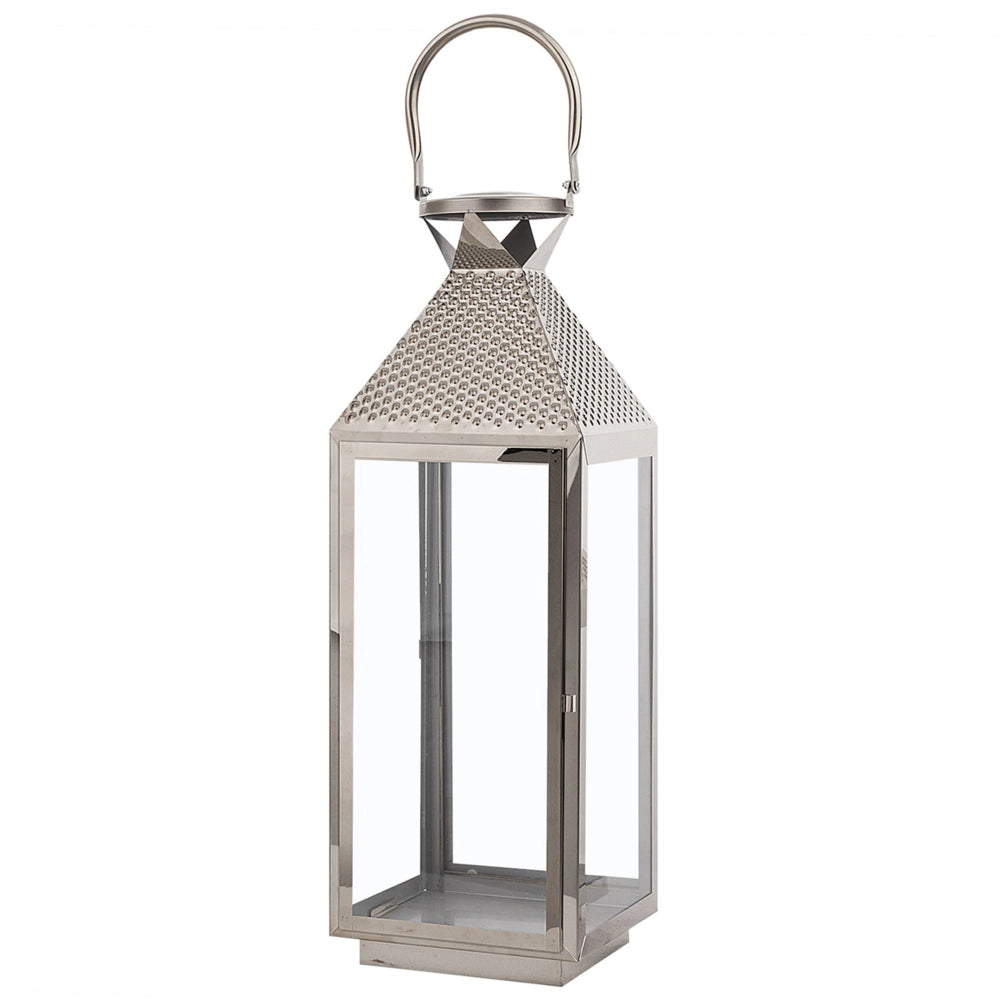 Lanterna in Metallo Argento Portacandele a Colonna in Acciaio Inox H 55 cm