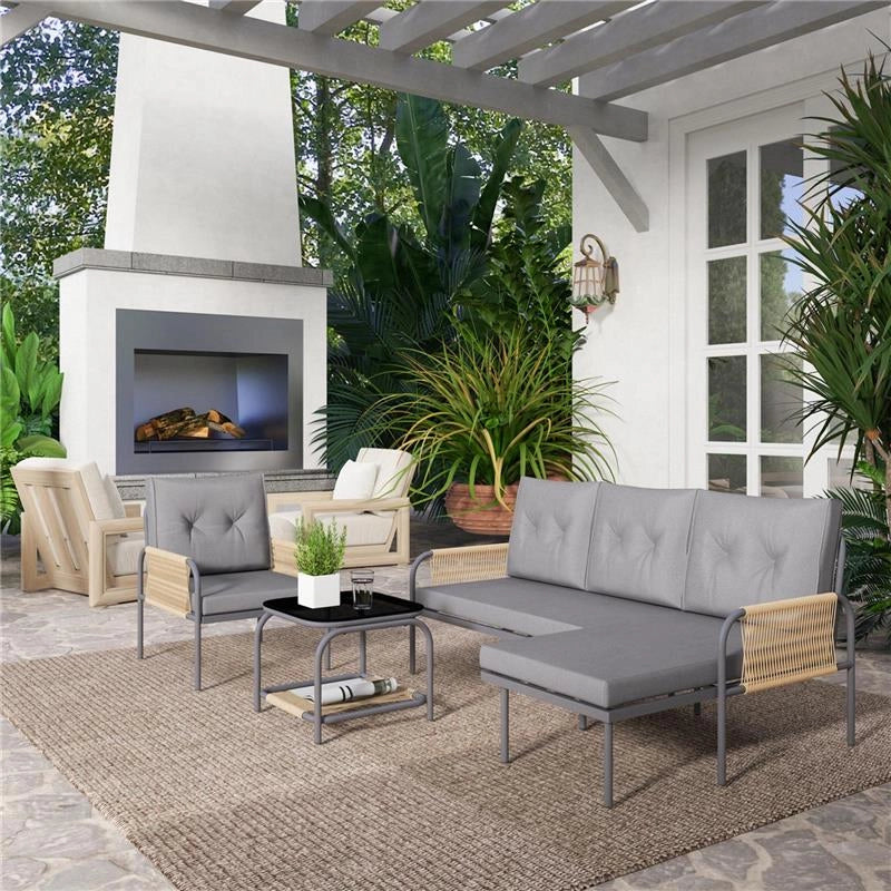 SALOTTO DA GIARDINO 4 PEZZI IN RATTAN CON DIVANO CHAISE LONGUE POLTRONA E TAVOLINO CON CUSCINI GRIGIO