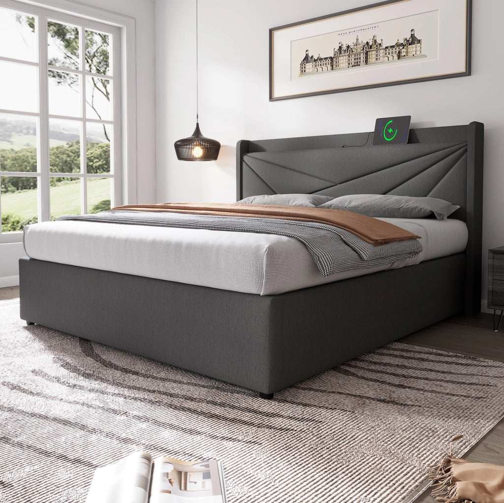 Letto matrimoniale contenitore 180x200 cm con USB e Tipo-C; cotone lino; grigio (Senza materasso)