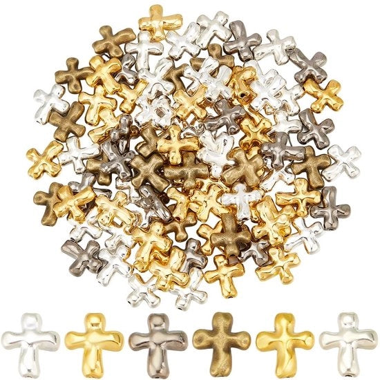 Accessorio di Connettore a forma di Croce - 90 Pezzi - Materializzata in Metallo Leggero - 14mm - Finitura Giallo Argento - Stile Tibetano