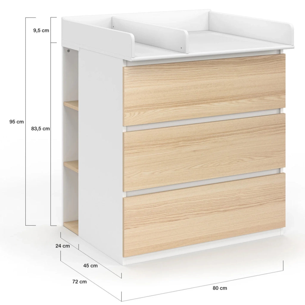 IDMarket - Cassettiera AMBRE, finitura faggio e bianco 3 cassetti, fasciatoio e 2 ripiani estraibili