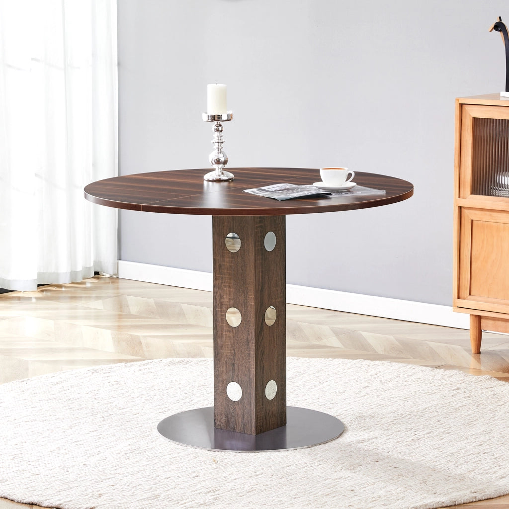 Tavolo da pranzo rotondo con piano effetto noce e base in metallo, per cucina e soggiorno, diametro 100 cm, altezza 76 cm