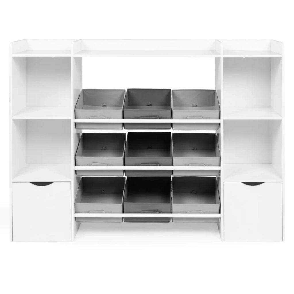 IDMarket - Contenitore per bambini MANA con 7 ripiani, 6 contenitori in tessuto e 2 cubi su rotelle, bianco