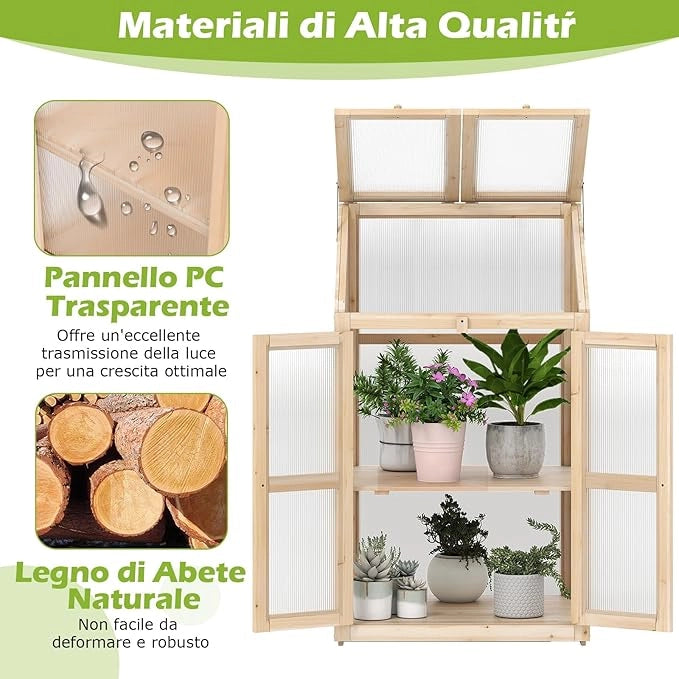 Serra da Balcone, Serra in Legno con Ripiano Fiori Rialzato, Tetto Trasparente Apribile, Porta Bloccabile e Ripiani Rimovibili, per Giardino e Cortile, 69 x 58 x 121 cm