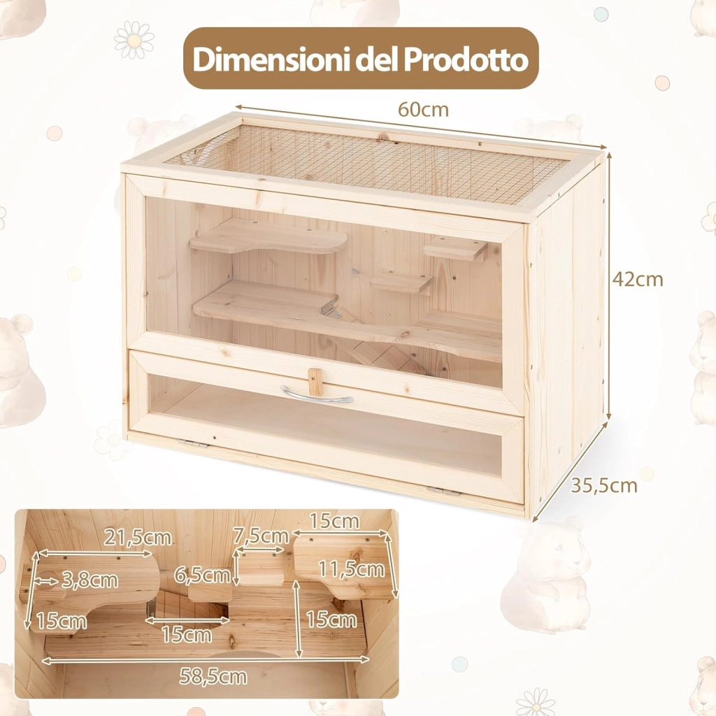Gabbia per Criceti, Gabbia Criceti in Legno con Tetto Ribaltabile in Rete, Aree Multi-Scala, Rampa, Pannello in Acrilico e Porta Bloccabile, 60 x 35,5 x 42 cm