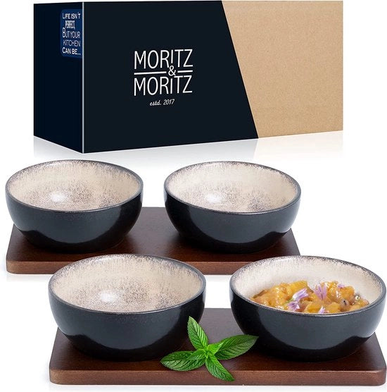 Set di contenitori a cucchiaio 4 in 1 con piatto - 10 cm di diametro - 4 contenitori di porcellana grigio-beige - per snack, dessert, salse e condimenti