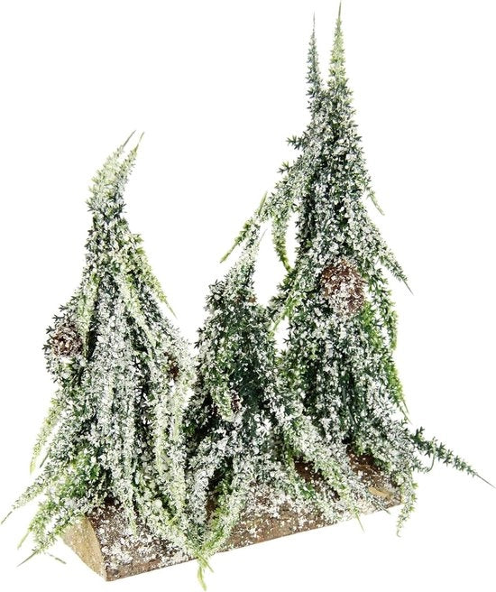 Decorazione di Natale di Piccola Pianta di Abete con Base in Legno e Neve Artificiale