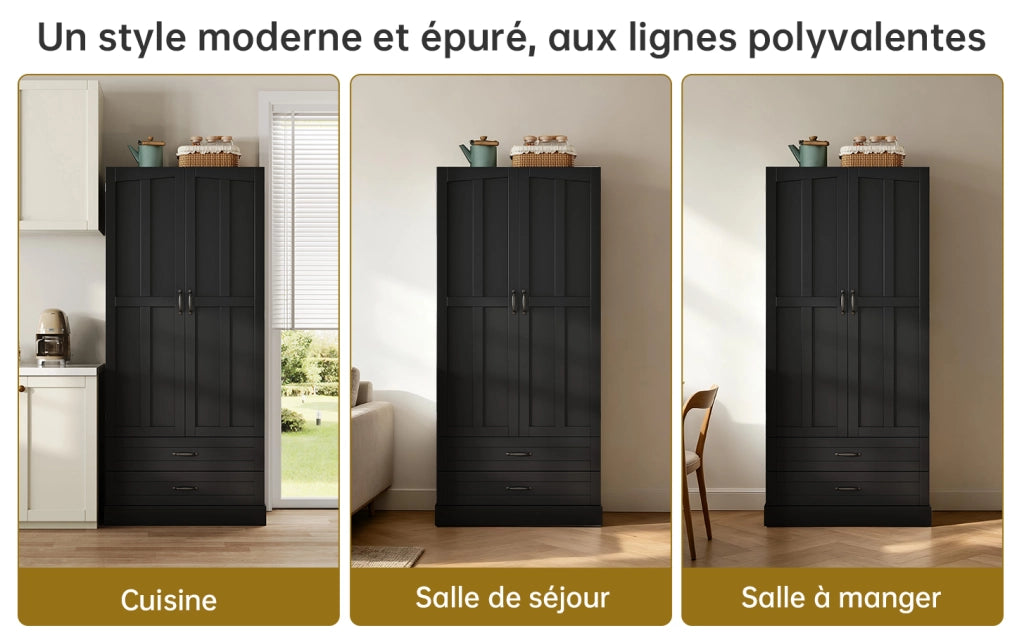 Credenza alta con 3 ripiani estraibili, 2 cassetti e ripiani nelle ante, in MDF nero, per cucina e soggiorno, 80 × 37,5 × 180 cm