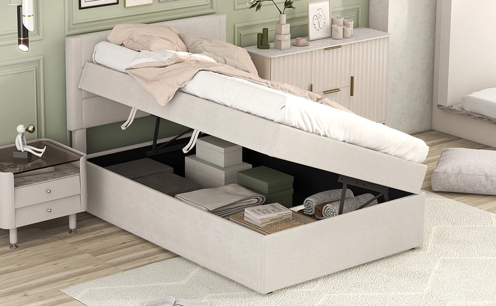 DESMIU Lit simple 90 × 200 cm con contenitore, senza materasso, in lino e MDF, beige