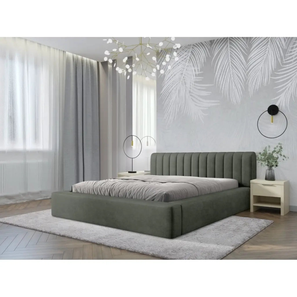 Letto contenitore CERVIN – Velluto morbido Salvia Notturna – 180x200 cm – Rete sollevabile – Design elegante
