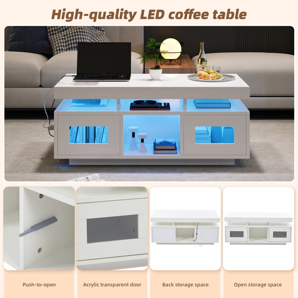 Tavolino da caffè con LED e presa USB 2 ante 2 vani portaoggetti per ufficio e soggiorno 100 × 50 × 43 cm