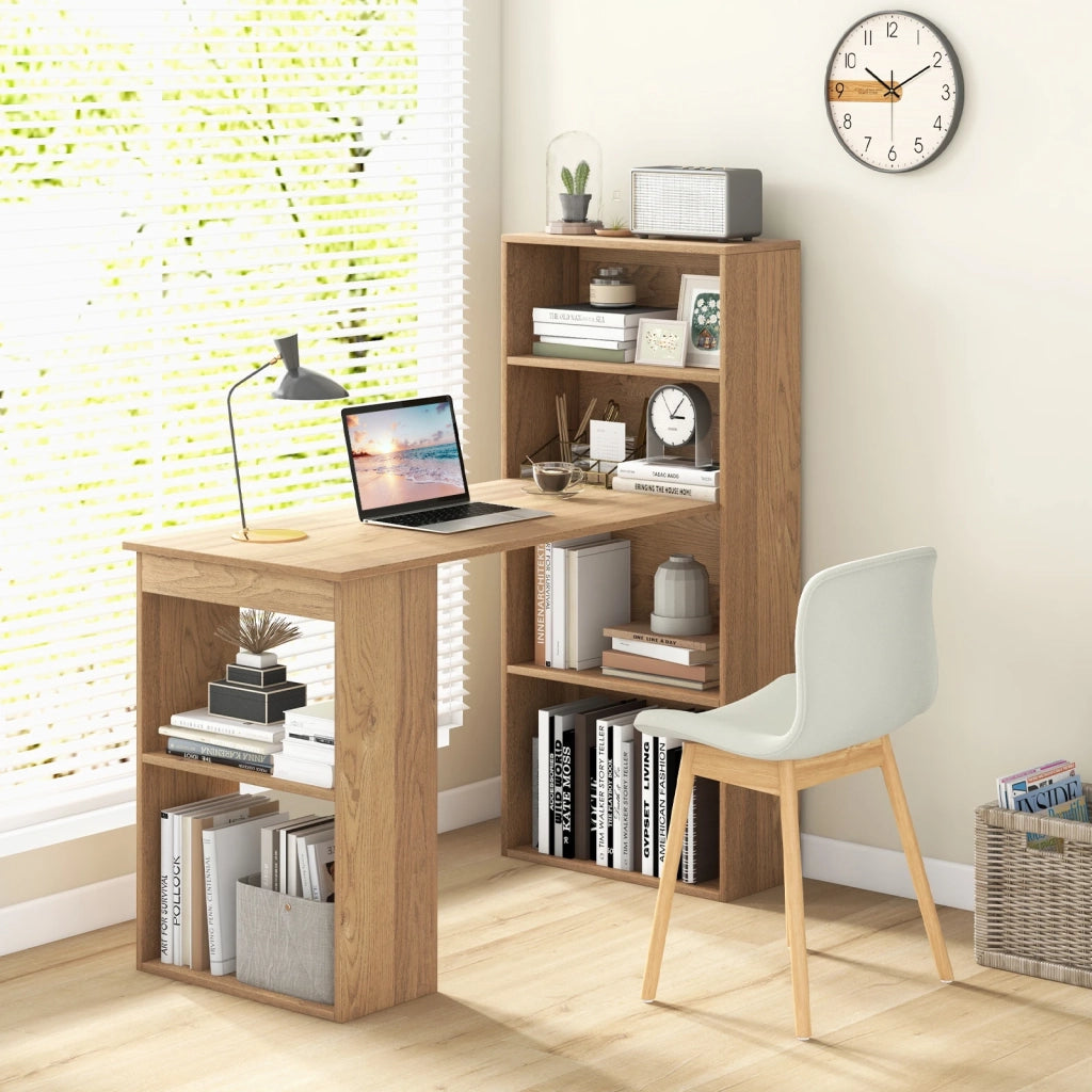 Scrivania per computer 48 Inch con libreria a 4 ripiani e supporto CPU, legno MDF colore naturale, salvaspazio per casa e ufficio