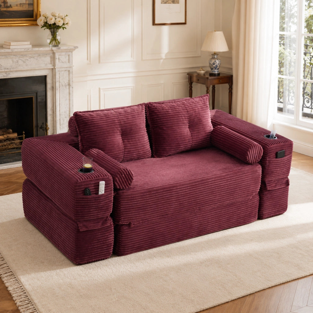 Divano letto in velluto a coste con cuscini memory, tasche laterali e portabicchieri, vino rosso 180 × 98 × 80 cm