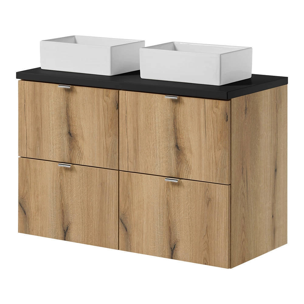Mobile Pensile Sottolavabo Doppio Newport a 4 Cassetti e 2 Lavabi Rettangolari Bianchi 100x71x40 cm - Effetto Rovere/Nero [en.casa]