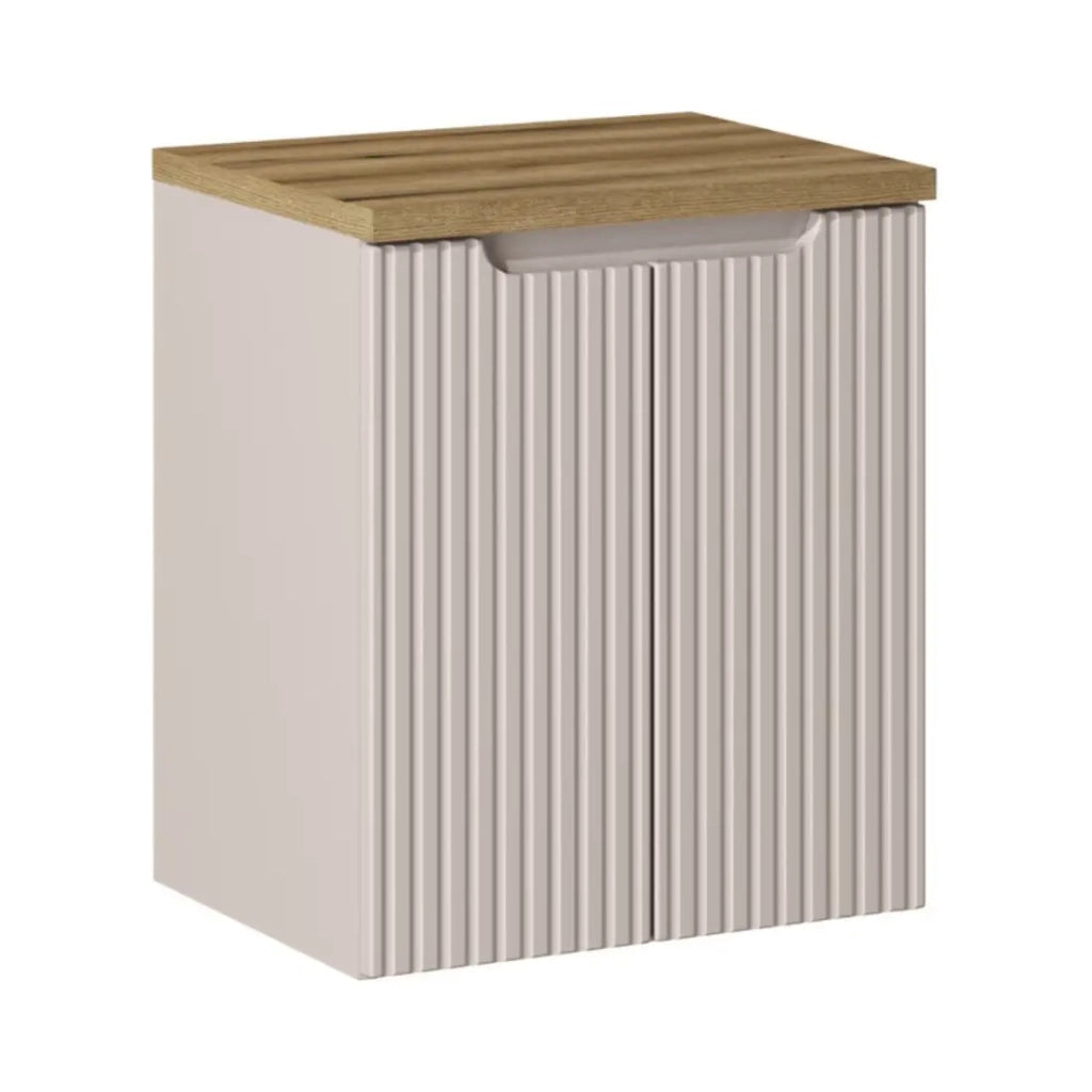 Set da bagno VANO cachemire e quercia 50cm: mobile sotto lavabo con armadietti scanalati verticalmente + piano per lavabo