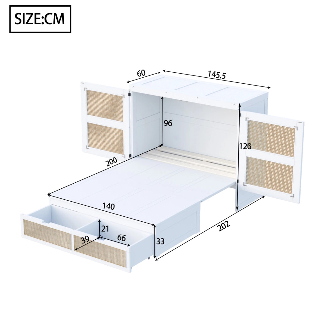 OKWISH Letto a Scomparsa 140×200 cm, Letto Matrimoniale con Cassetti, Ante in Rattan e Vano Contenitore, senza Materasso, Bianco