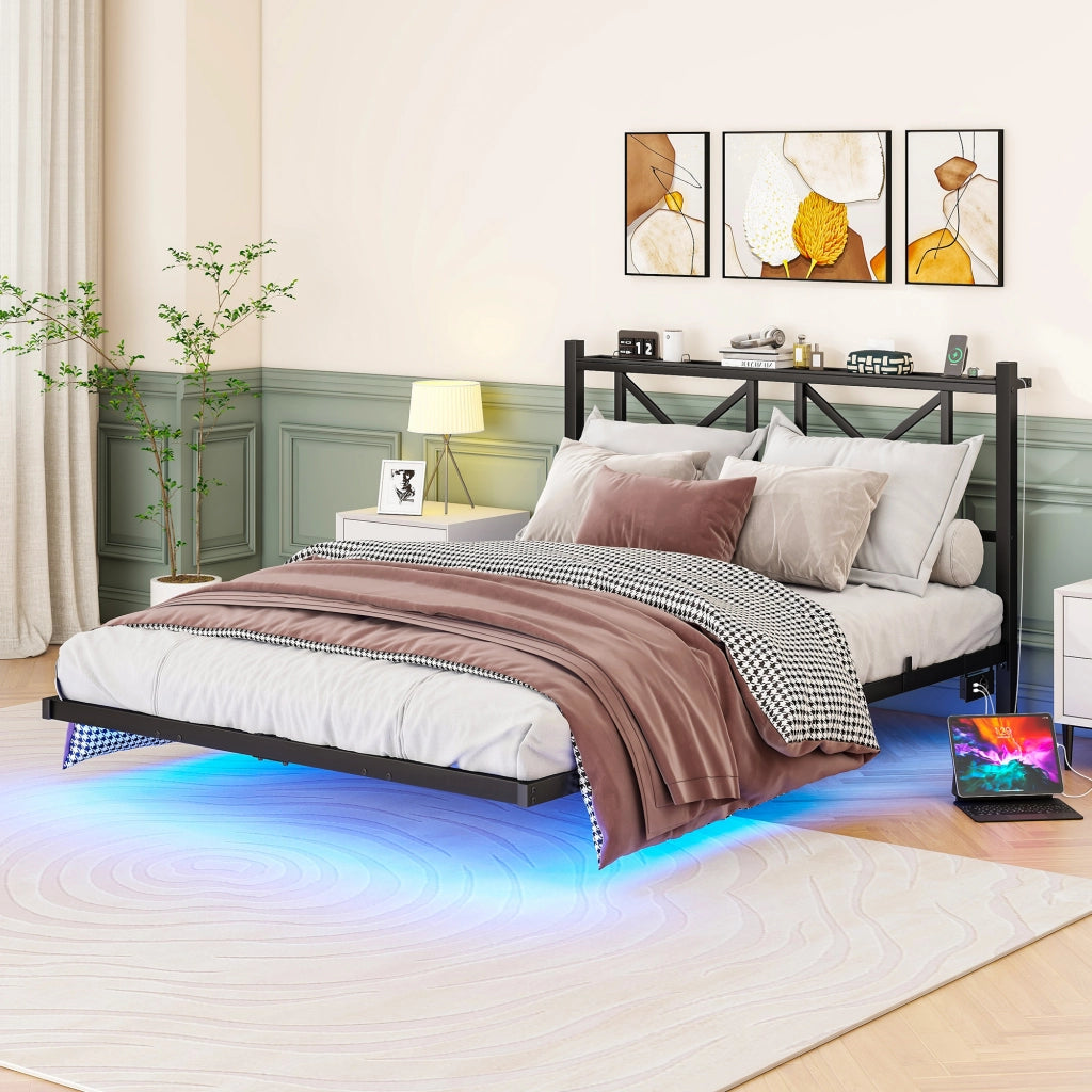 Letto matrimoniale 140 × 200 cm con illuminazione LED, stazione di ricarica USB, senza materasso, in metallo nero