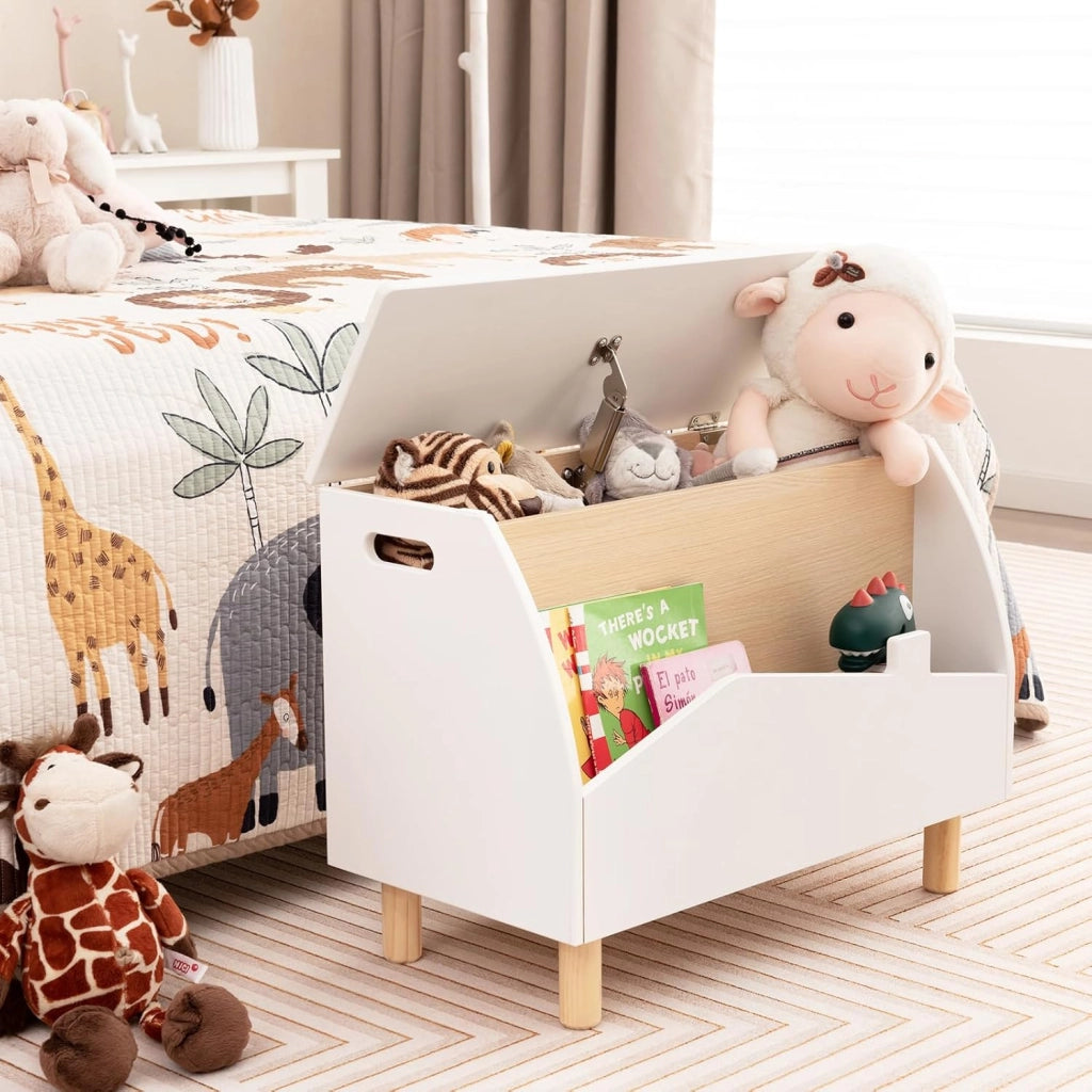 libreria Montessoriana 2-in-1 per Bambini in Legno, Scaffale Porta Libri e Giocattoli con Cassone, Coperchio Ammortizzato e Maniglie, Ideale per Cameretta e Nido, 60 x 30 x 44 cm (Bianco)