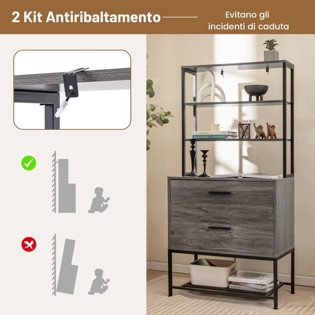 Scaffale Porta Stampante, Suppoto per Stampante in Legno con 4 Ripiani e 2 Cassetti, per Soggiorno, Ufficio e Studio, 75 x 40 x 156 cm (Grigio)