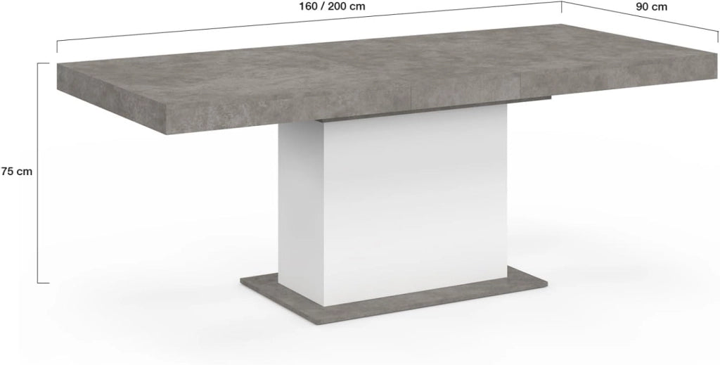 Tavolo da pranzo rettangolare allungabile EDEN 6-10 persone in cemento e bianco 160-200 cm