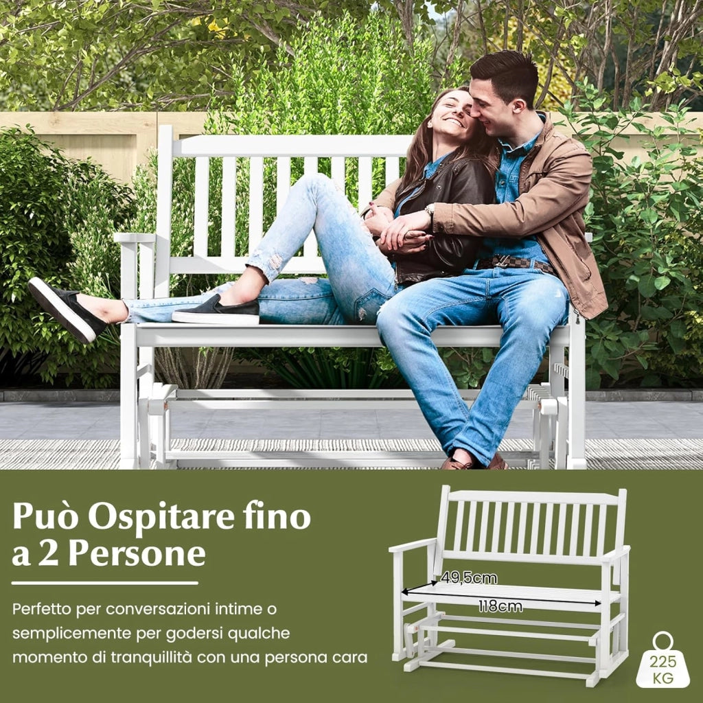 Panca a Dondolo a 2 Posti con Sicuro e Delicato Movimento Oscillante, Telaio in Legno Massello, Sedia a Dondolo per Giardino con Capacità di carico 225 kg, 126 x 68 x 100 cm, Bianco