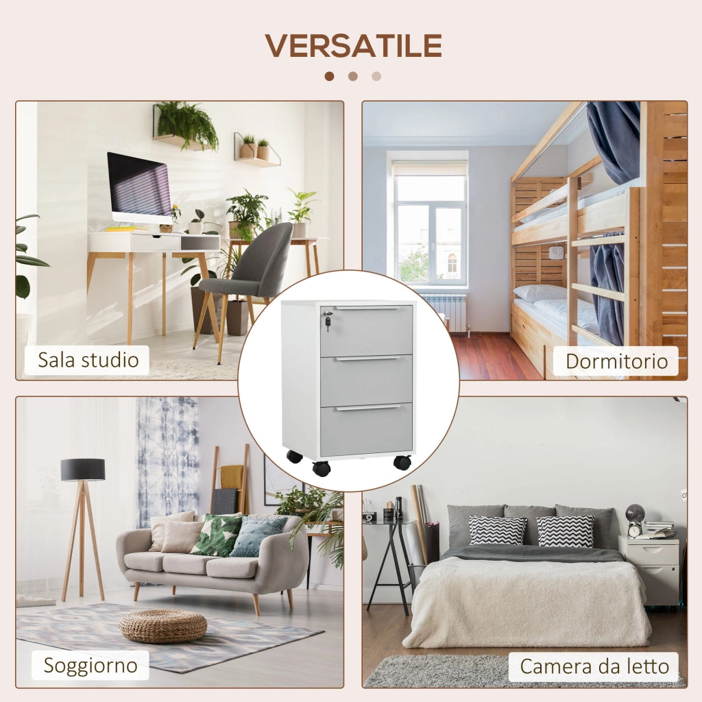 Cassettiera Portadocumenti a 4 Ruote 40x40x63,5 cm a 3 Cassetti con Chiavi di Sicurezza in MDF Bianco e Grigio