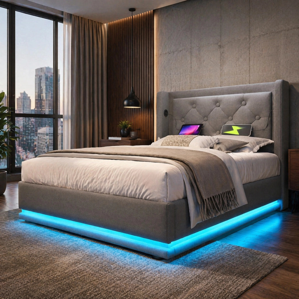 LETTO Contenitore Idraulico 90x200 cm Cotone Grigio con USB e LED