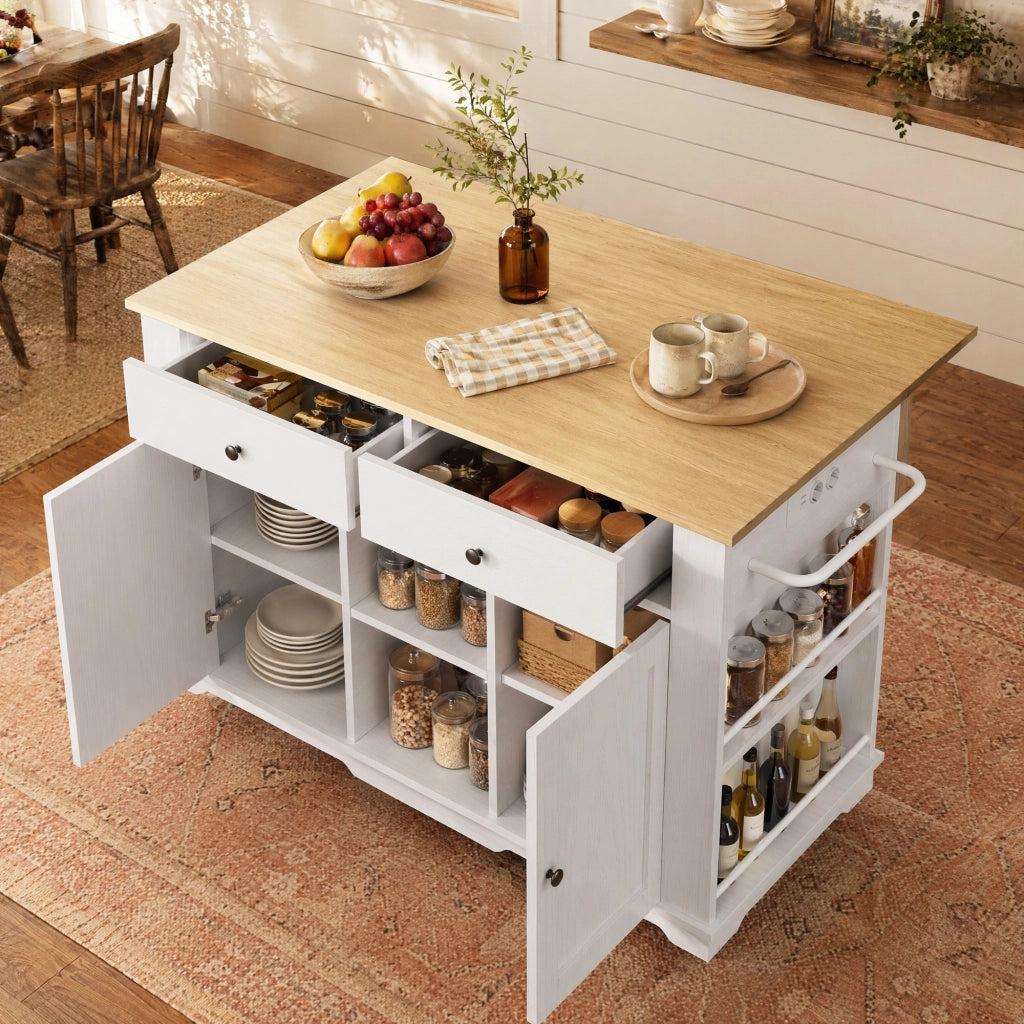 Isola cucina mobile con prese, piano pieghevole e 2 cassetti
