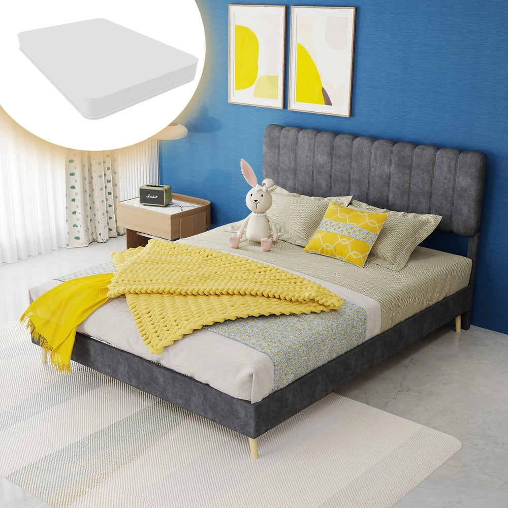 Letto Imbottito con Testiera Morbida ¨C MINIMAL ¨C Grigio 140x200 con Materasso