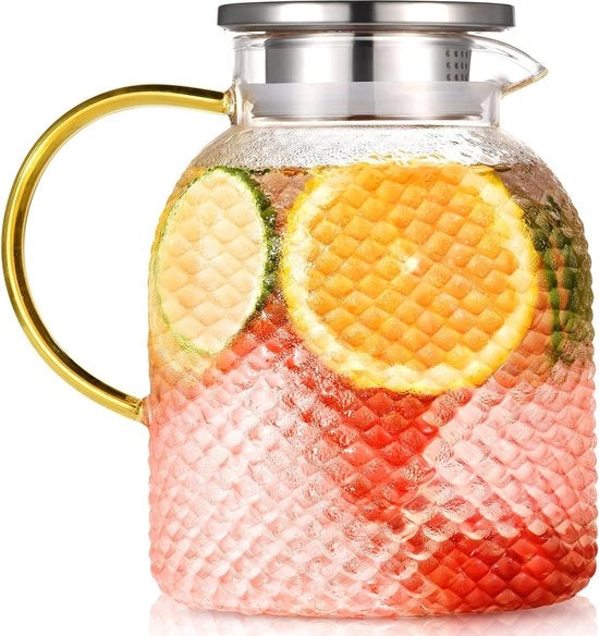 Caraffa in vetro borosilicato 1,8 litri con coperchio, trasparente, termoresistente, per bevande.