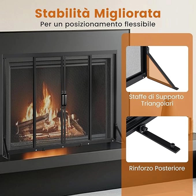 Griglia Parascintille Camino con 2 Pannelli Scorrevoli, Maniglie Convenienti e Telai di Supporto a Triangolo, Ventilazione Eccellente, Schermo per Camino in Rete Metallica (96 x 79 cm)