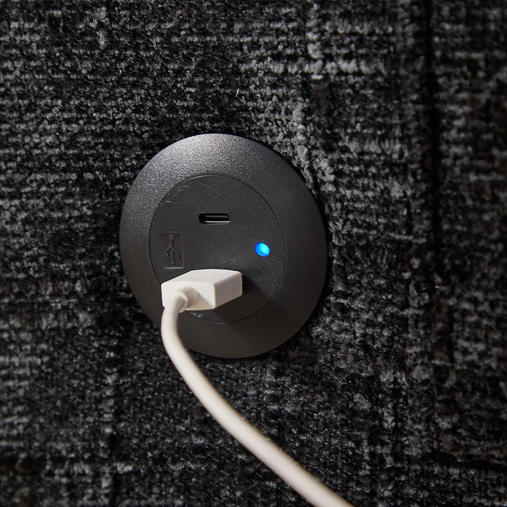 Divano moderno - Xylo - 2 posti in chenille con piedi legno, LED, USB e vano portaoggetti