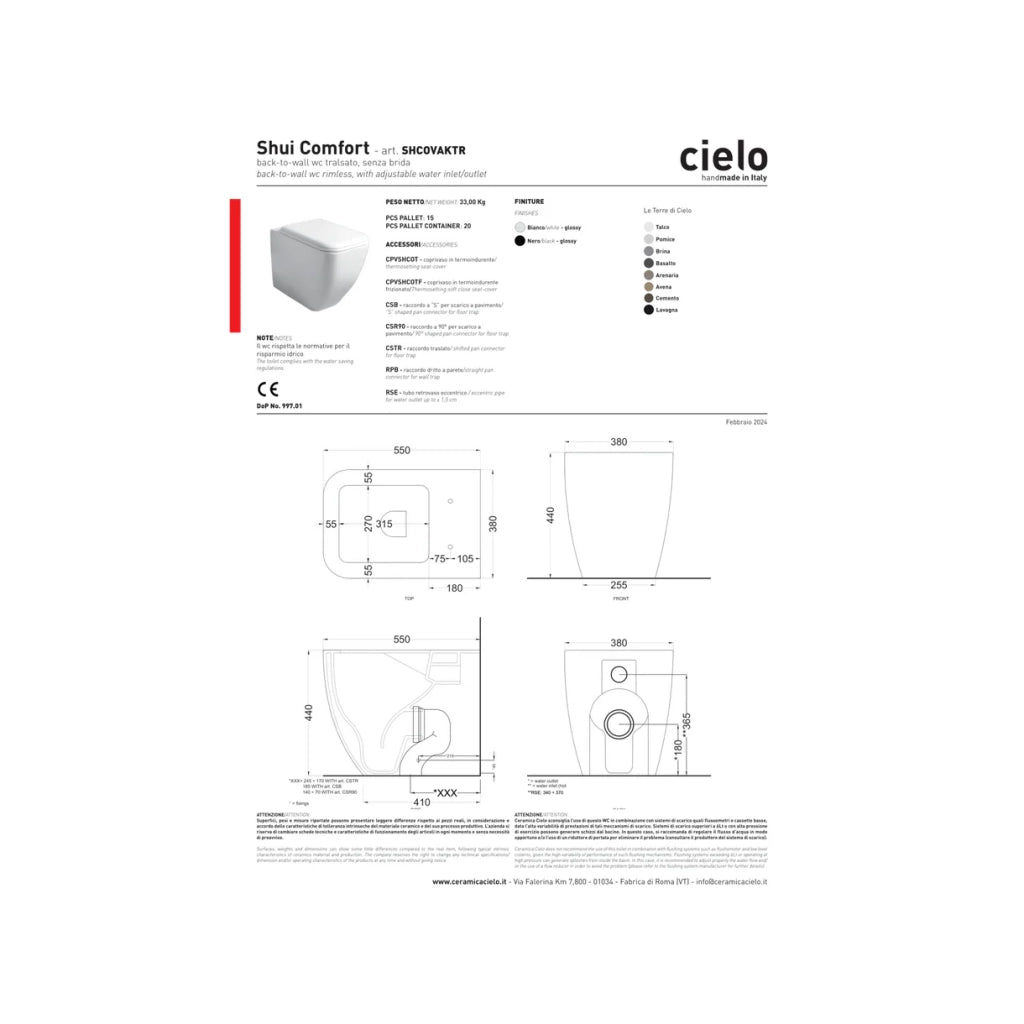 Coppia Di Sanitari Ceramica Cielo Da Terra Filo Muro Senza Brida Bianco Lucido "Shui Comfort"
