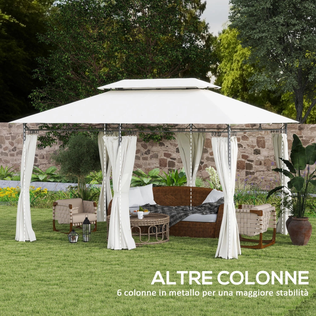 Gazebo da Giardino 3x4 m con Tende Rimovibili. Doppio Tetto e Struttura in Metallo. Crema
