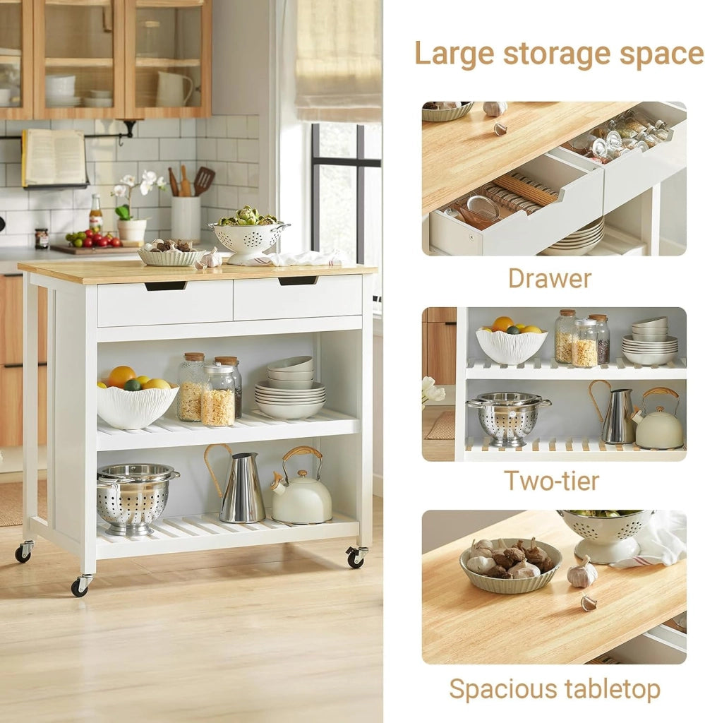 Mobile Cucina Salvaspazio Carrello Cucina con Ruote Credenza Cucina Mobiletto Cucina Dispensa Isola Cucina Mobile Cucina con Cassetti Piano in Legno Bianco-Naturale 98x94x58 cm FKW74-WN