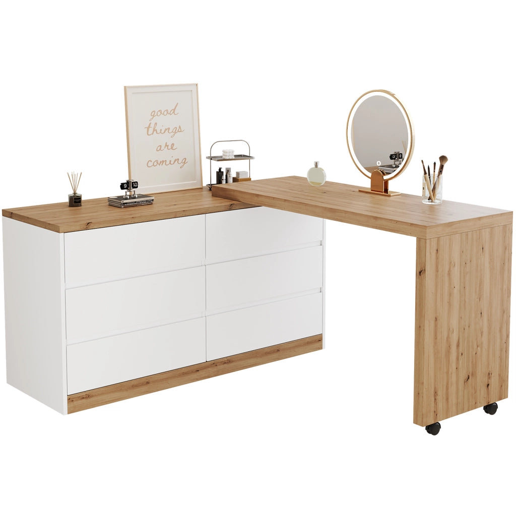Scrivania girevole 2 in 1 con 6 cassetti 120x50 cm in pannello truciolare; bianco e rovere