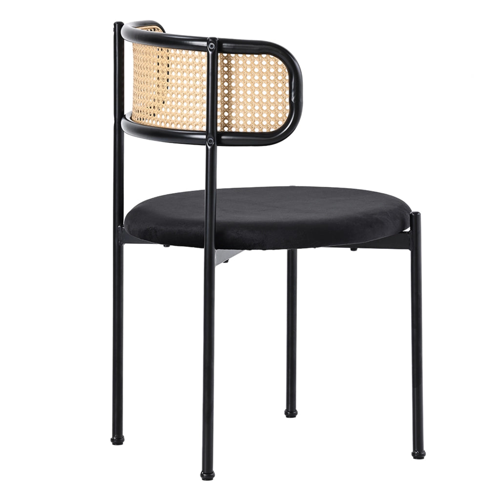 Set di 6 sedie da pranzo in velluto con schienale in rattan e gambe in metallo; nere