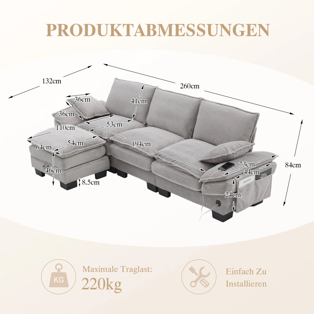 DIVANO Modulare 3 posti 260x132x84 cm in corduroy Grigio Chiaro con pouf