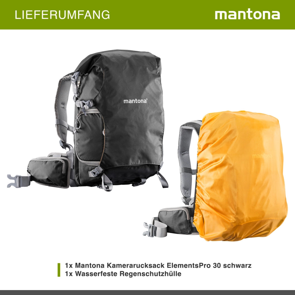 Mantona ElementsPro 30 Zaino per esterni (incl. cintura anca staccabile e copertura antipioggia, adatto a fotocamere DSLR o a sistema) nero, 480mm, 20586