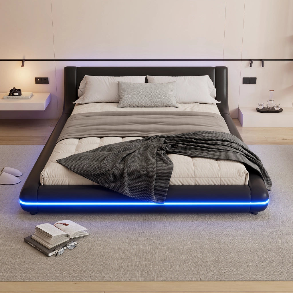 LETTO a pavimento 140x200 cm PU Nero con illuminazione LED
