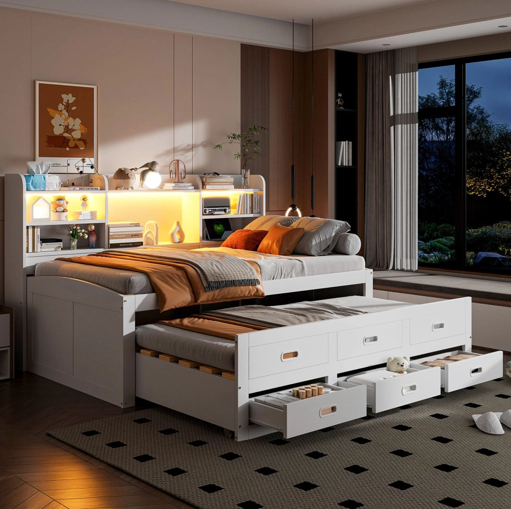 Letto daybed estraibile 90x200 cm con LED; 3 cassetti; USB e Type-C; bianco