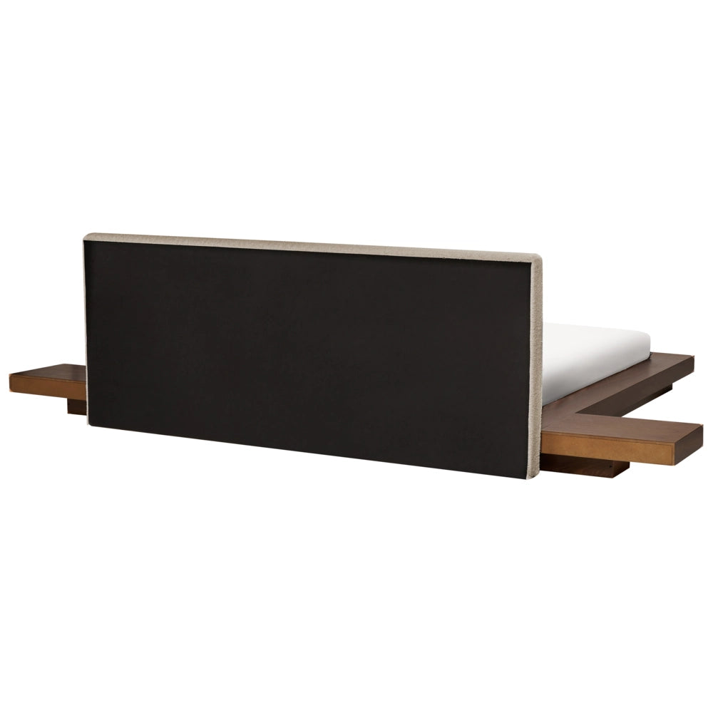 Letto matrimoniale ad acqua con testata e comodini in legno e tessuto bouclé tortora 180 x 200 cm stile giapponese