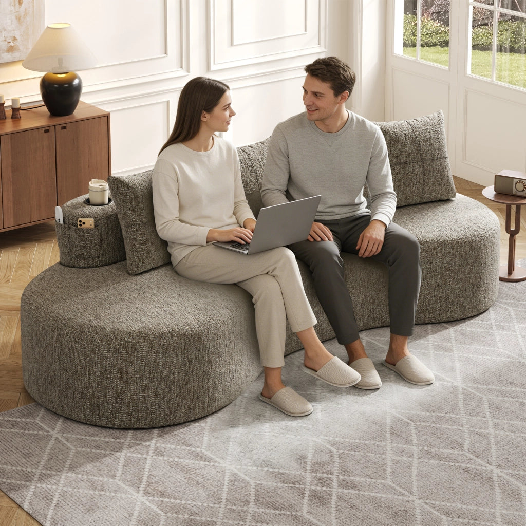 Divano in lino con portabicchieri, tasche laterali e 4 cuscini, seduta ampia e comfort quotidiano, khaki