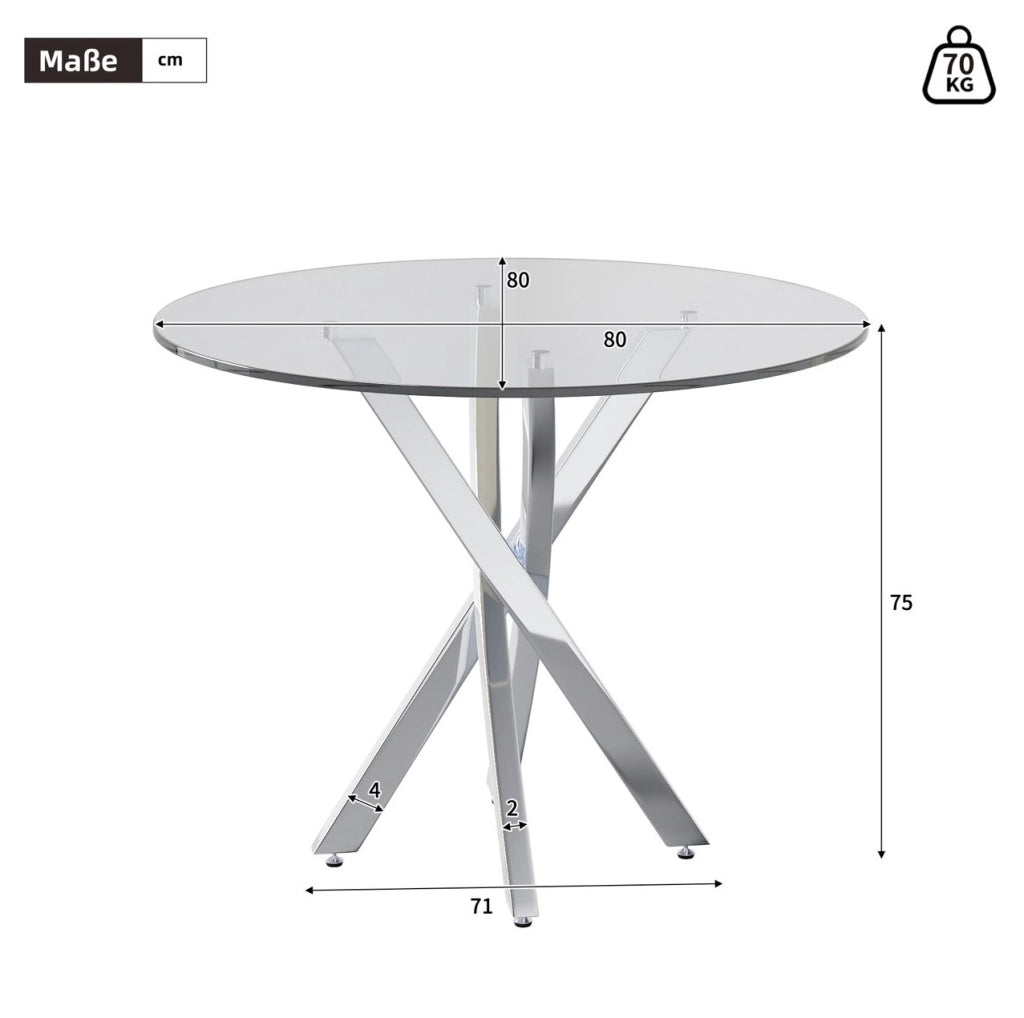Tavolo da pranzo rotondo 80x80x75 cm in vetro temperato e metallo; silver