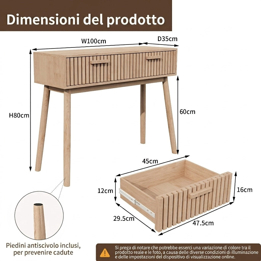 Tavolo consolle 100x35x80 cm con 2 cassetti tavolo da divano scrivtaliano-marrone giallastro