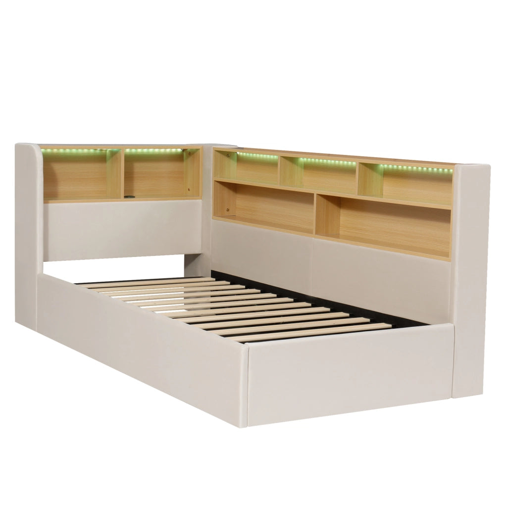 Tagesbett 90x200 cm con contenitore idraulico; LED; USB e USB-C; velluto beige