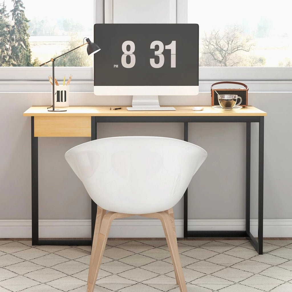 Scrivania con Cassetto, 120 × 55 cm, Scrivania per Computer con Telaio in Metallo Rinforzato e Poggiapiedi Regolabili, Moderno Tavolo da Ufficio per Camera da Letto, Studio e Ufficio