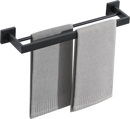 Sostegno per Asciugamani in Materico Nero - Montaggio a Parete, Sostegno per Asciugamani in Acciaio Inox Doppio per Bagno e Cucina, 50cm