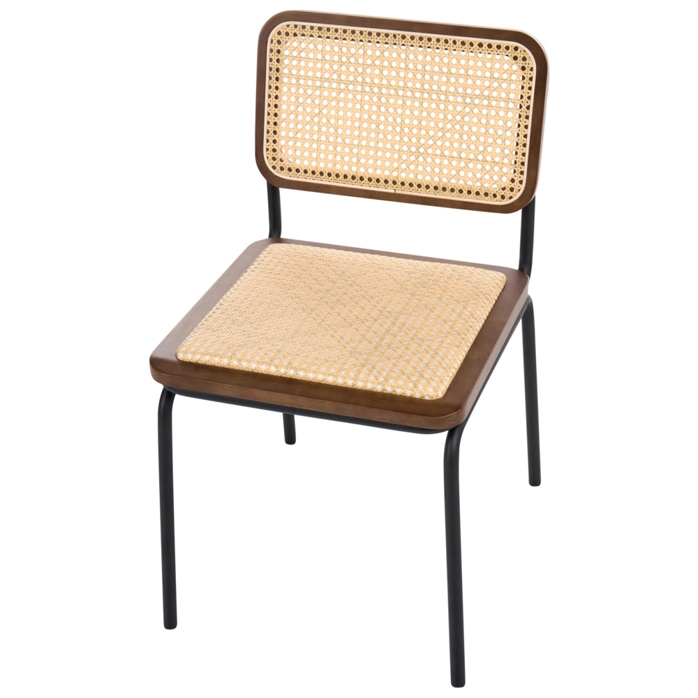 Set di 2 sedie da pranzo con seduta e schienale in rattan PE marrone gambe in ferro senza braccioli cappucci protettivi design boho moderno